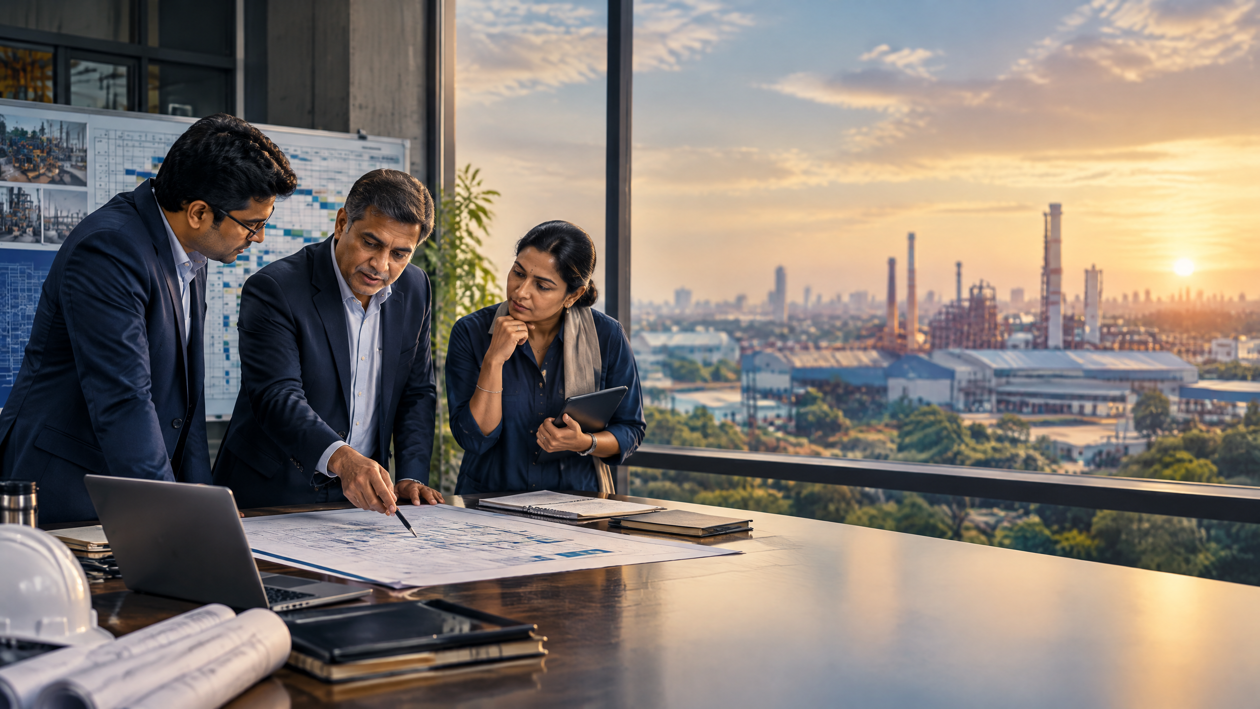 Indian business leaders reviewing a manufacturing operations roadmap at sunrise