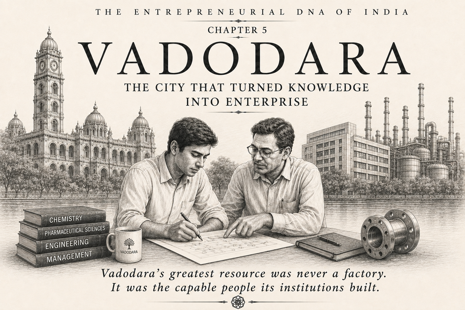 Illustrated cover for The Entrepreneurial DNA of India, Chapter 5: Vadodara, The City That Turned Knowledge into Enterprise